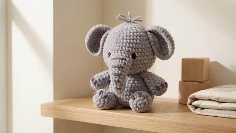 Elefante de croche em tons de cinza sobre superficie de madeira em quarto infantil com decoracao neutra e luz natural suave