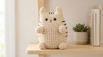 Gatinho de croche artesanal bege com detalhes pretos em ambiente de decoracao infantil com tons neutros e luz natural suave
