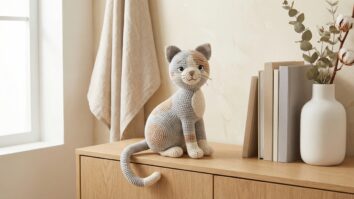 Gato em amigurumi artesanal com cores naturais de gato posicionado em estante de madeira clara com decoracao minimalista sofisticada e iluminacao natural