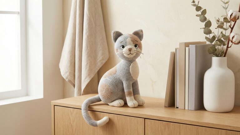 Gato em amigurumi artesanal com cores naturais de gato posicionado em estante de madeira clara com decoracao minimalista sofisticada e iluminacao natural