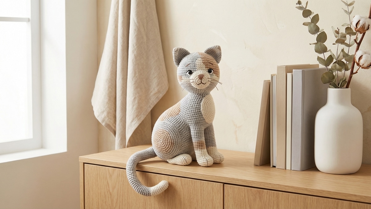 Gato em amigurumi artesanal com cores naturais de gato posicionado em estante de madeira clara com decoracao minimalista sofisticada e iluminacao natural
