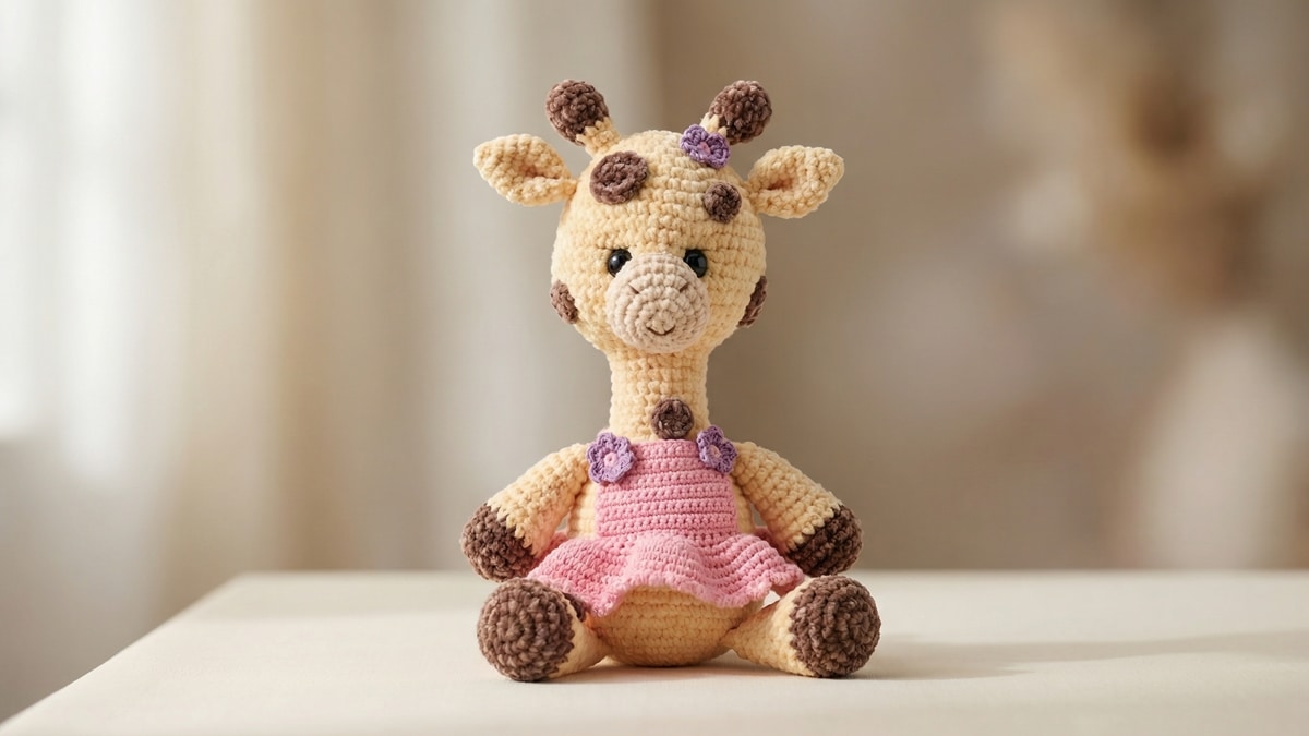 Girafa de amigurumi em croche com corpo creme e manchas marrons, vestindo vestido rosa e lacos roxos nas orelhas, em cenario neutro elegante com luz natural suave