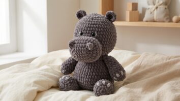 Hipopotamo de croche cinza em quarto infantil com decoracao neutra e iluminacao natural suave