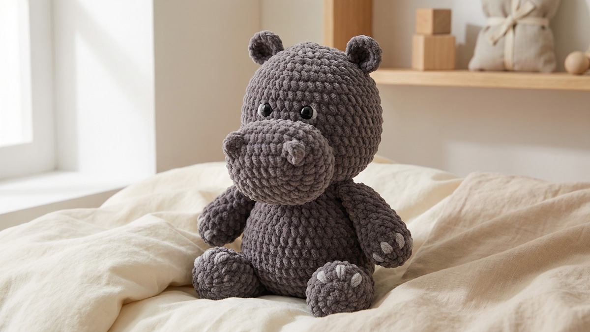 Hipopotamo de croche cinza em quarto infantil com decoracao neutra e iluminacao natural suave
