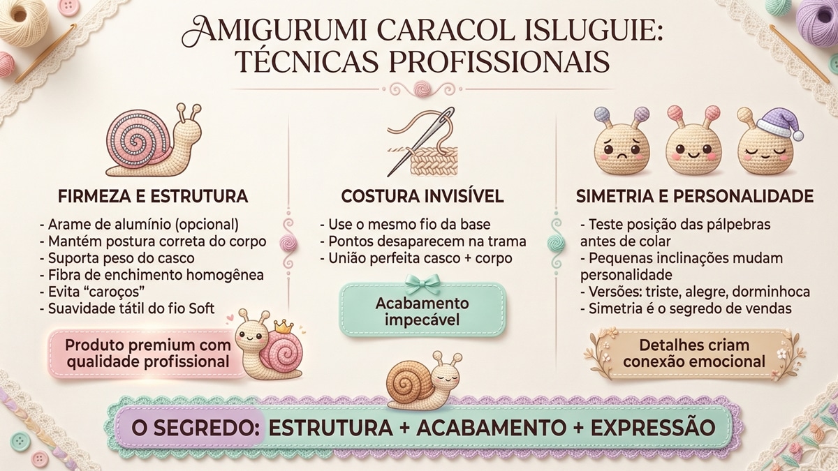 Infografico educativo sobre tecnicas profissionais para criar amigurumi caracol Isluguie com dicas de estrutura costura e expressoes