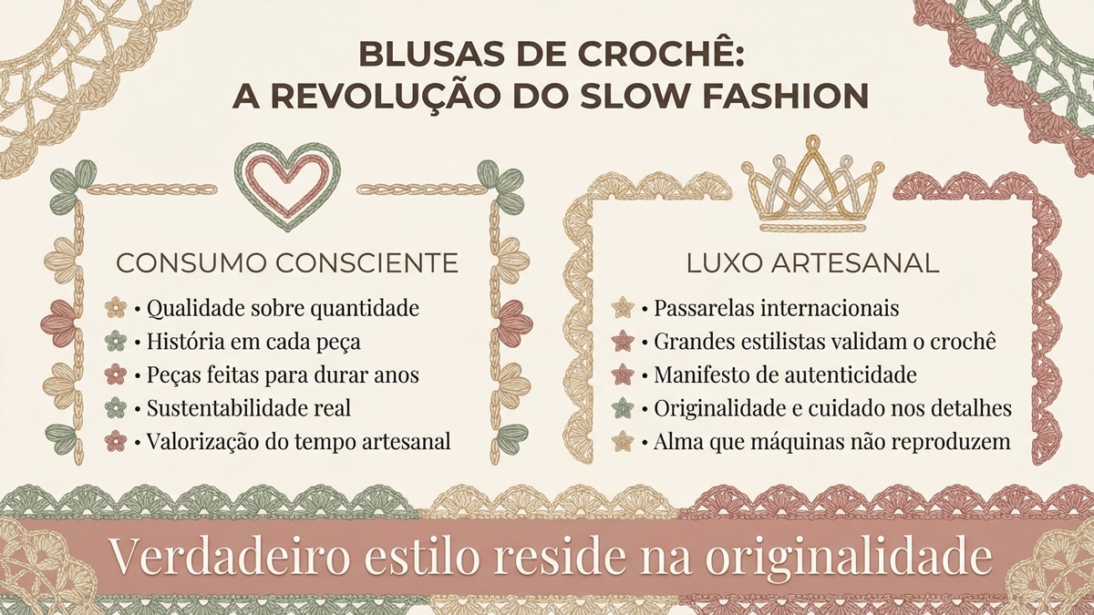 Infografico textual sobre blusas de croche apresentando consumo consciente e luxo artesanal do slow fashion em layout editorial limpo