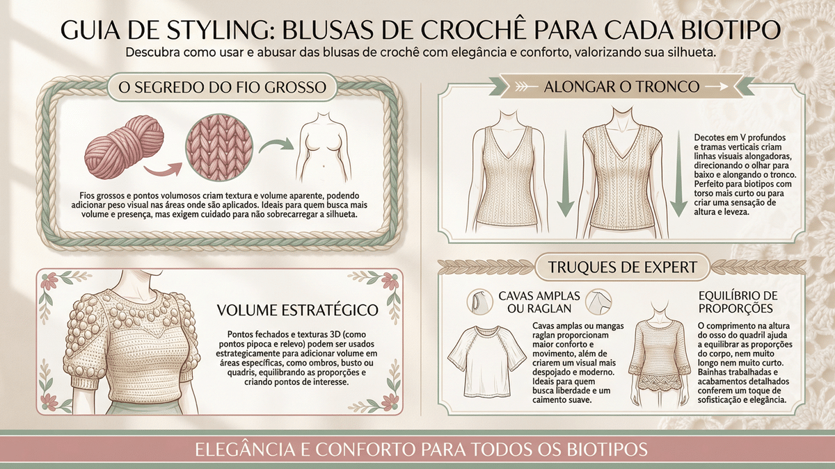 Infografico editorial sobre como usar blusas de croche para diferentes biotipos, com dicas de decote, trama e modelagem para alongar o tronco e equilibrar proporcoes