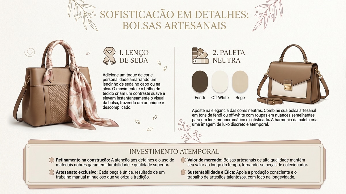 Infografico de moda mostrando como adicionar sofisticacao a bolsas artesanais com lenco de seda e paleta de cores neutras fendi e off-white