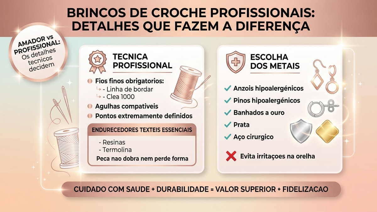 Infografico sobre tecnicas profissionais para confeccao de brincos de croche com detalhes sobre materiais endurecedores e metais hipoalergenicos