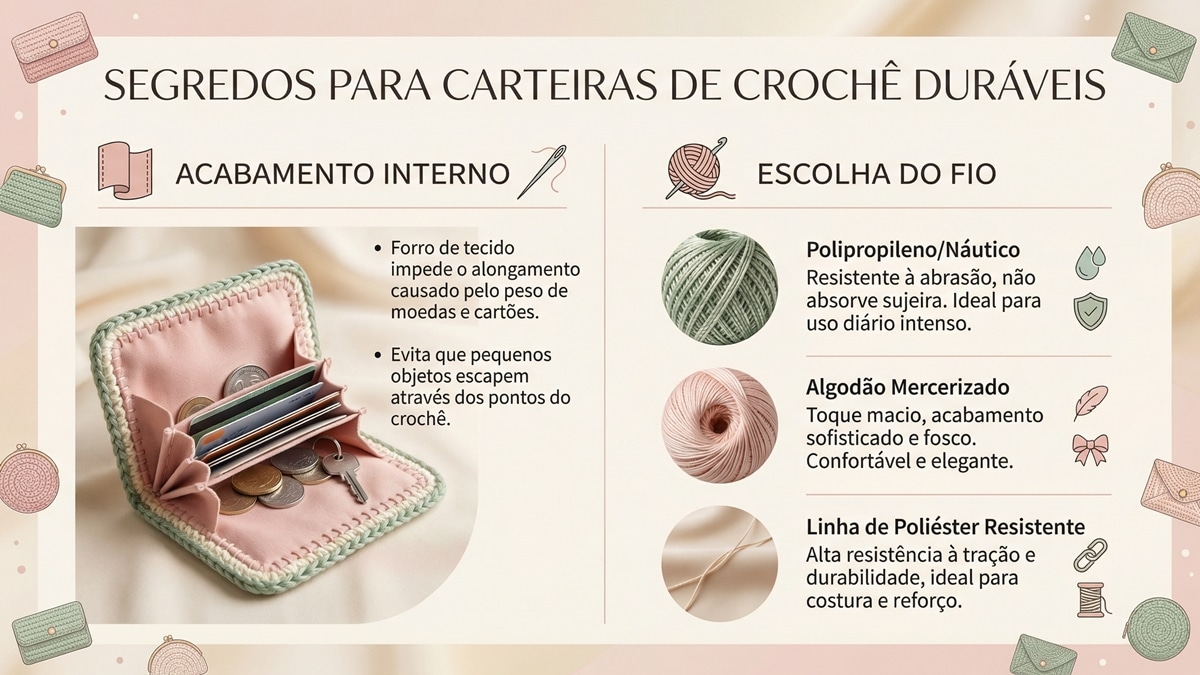 Infografico educativo sobre durabilidade de carteiras de croche, mostrando dicas de acabamento interno com forro e tipos de fios recomendados
