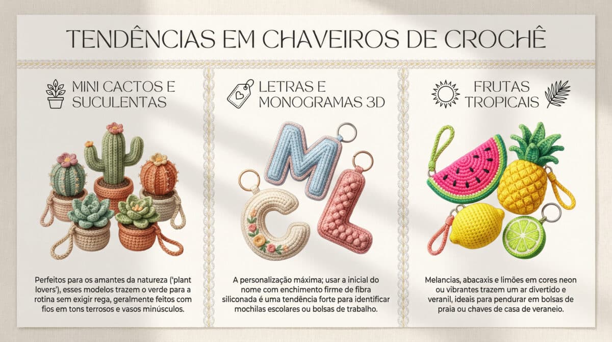 Infografico editorial mostrando tres tendencias de chaveiros de croche: mini cactos e suculentas, letras 3D personalizadas e frutas tropicais vibrantes