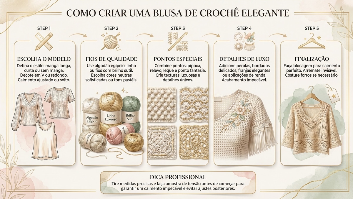 Infografico passo a passo mostrando como criar blusa de croche elegante com detalhes de luxo e acabamento profissional