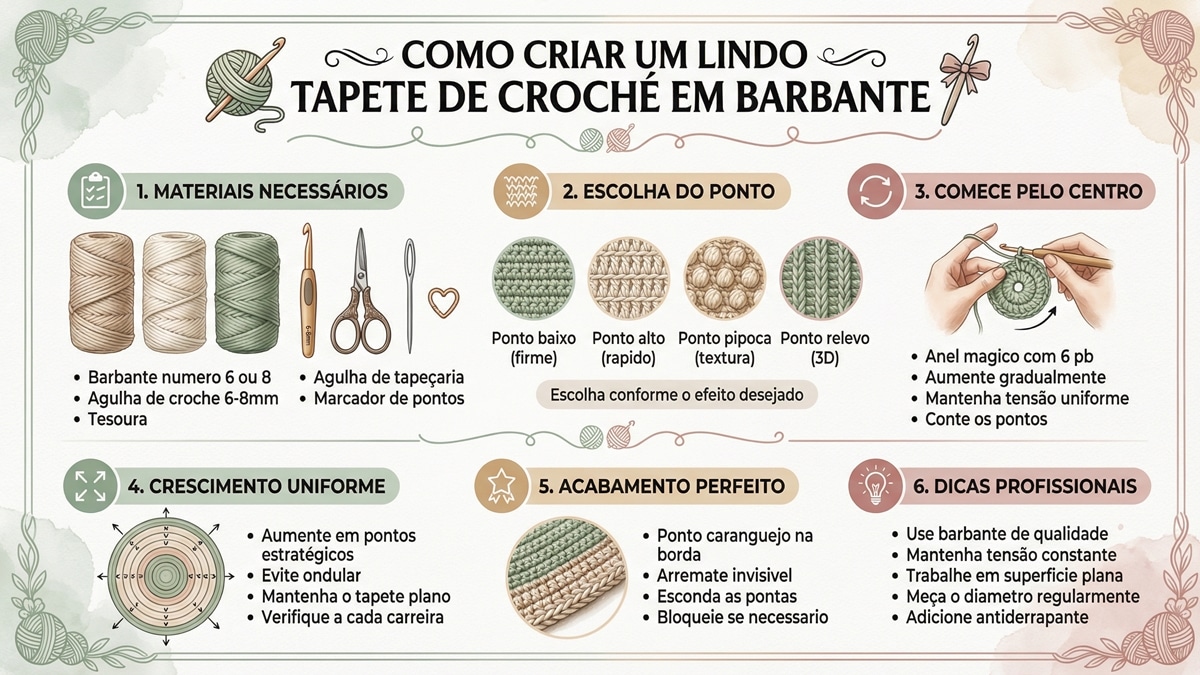 Infografico passo a passo completo ensinando como criar um tapete de croche em barbante, desde materiais ate acabamento profissional