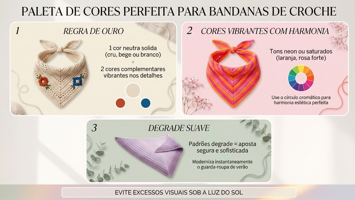 Infografico educativo mostrando como escolher paletas de cores para bandanas de croche, com regra de ouro, cores vibrantes e degrade suave