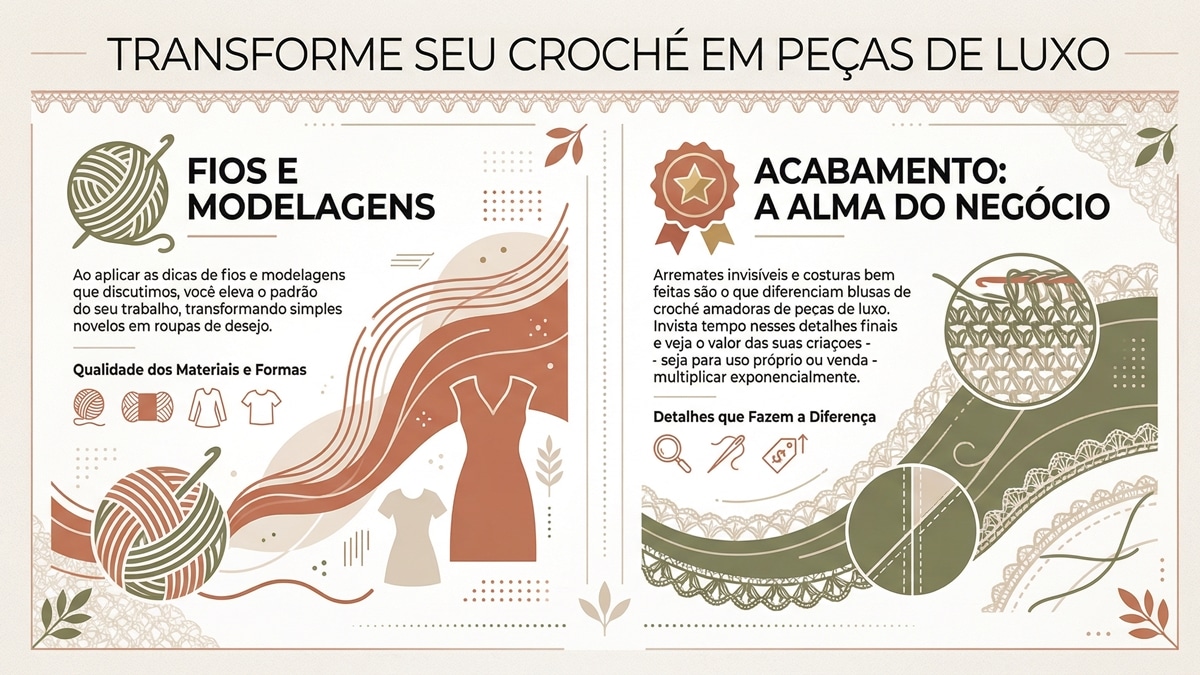 Infografico em portugues sobre como transformar croche em pecas de luxo com dicas de fios, modelagens e acabamento profissional