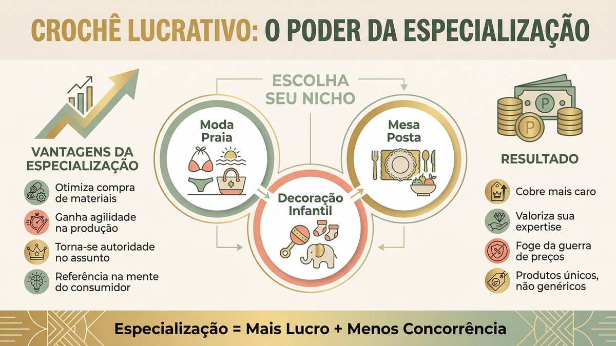 Infografico de negocios sobre especializacao em croche mostrando nichos lucrativos, vantagens da especializacao e resultados financeiros em layout profissional