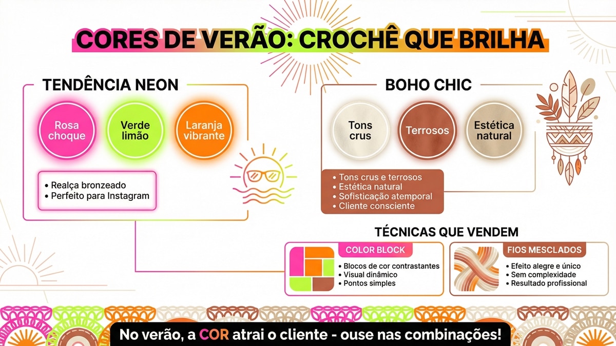 Infografico de tendencias de cores para croche de verao mostrando paleta neon e boho chic com tecnicas de color block e fios mesclados