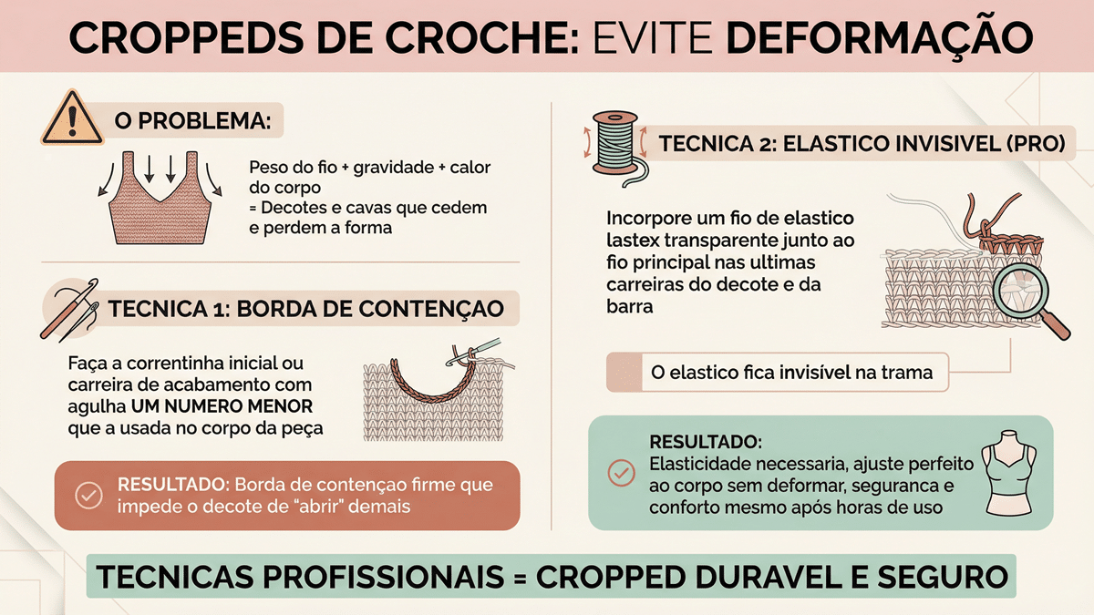 Infografico em portugues sobre tecnicas profissionais para evitar deformacao em croppeds de croche incluindo borda de contencao e elastico invisivel