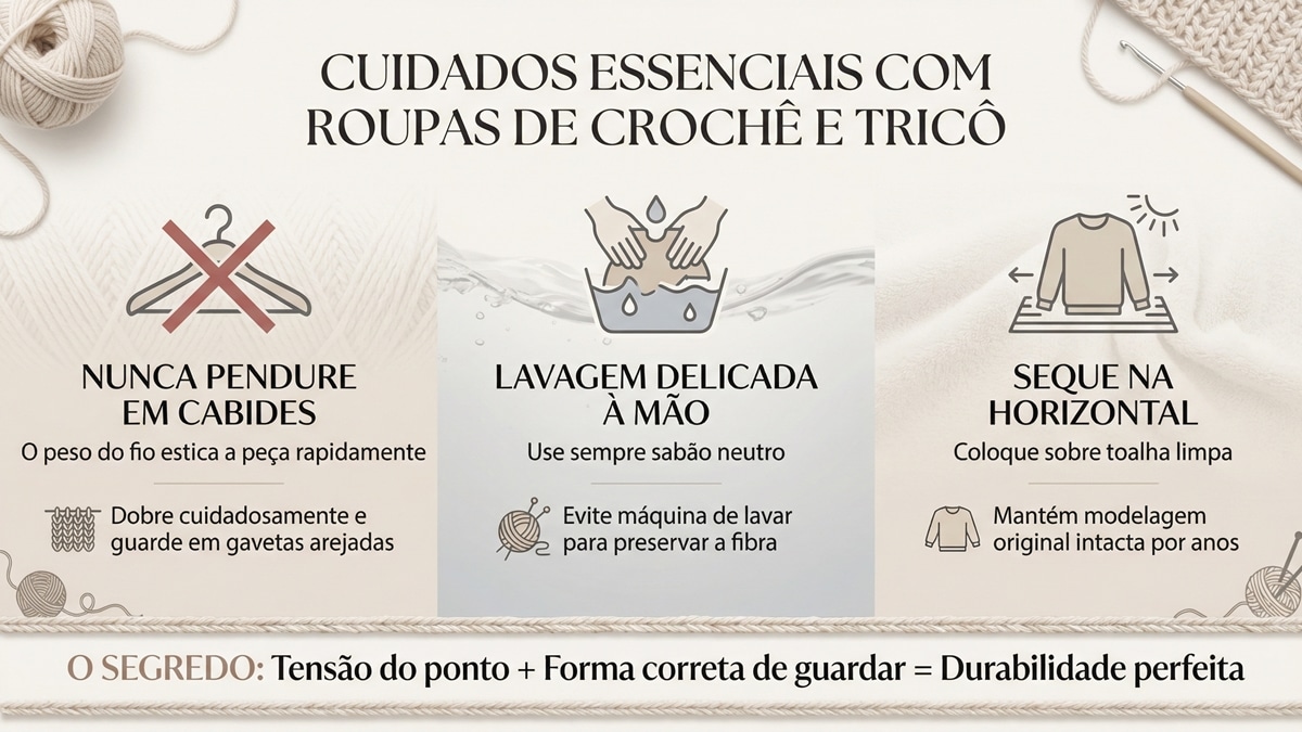 Guia visual de cuidados para preservar pecas de croche e trico com durabilidade - Imagem gerada com inteligencia artificial, licenca paga e uso exclusivo para este conteudo.