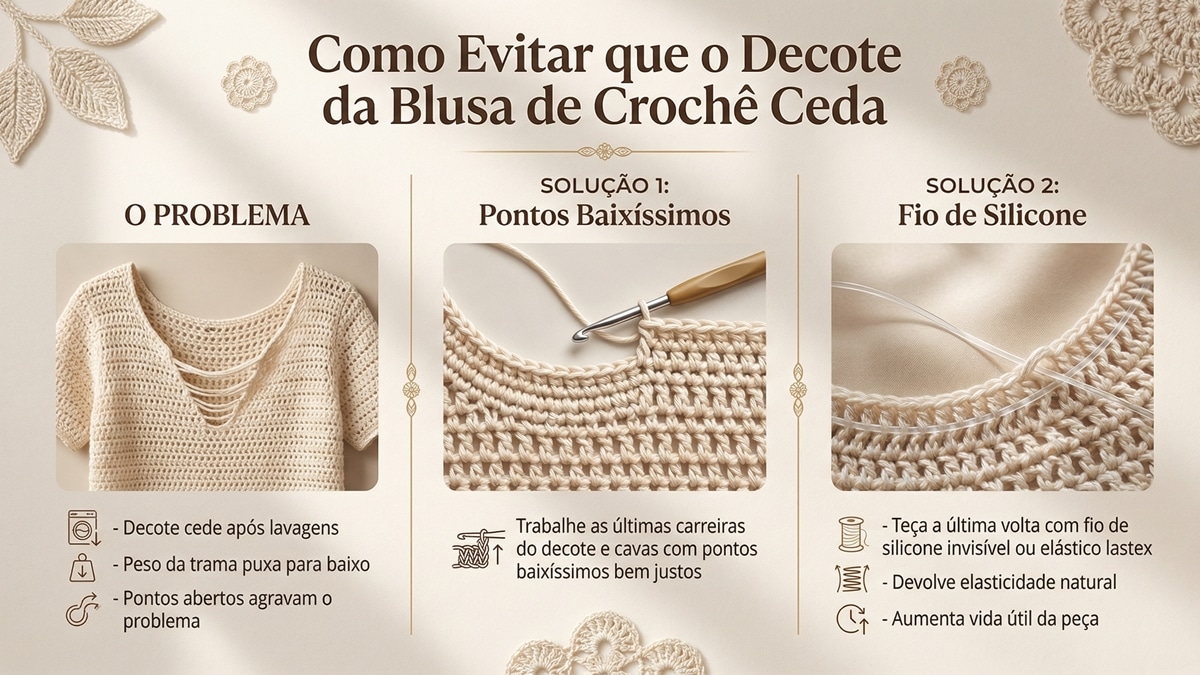 Infografico educativo sobre como evitar que o decote de blusa de croche ceda apos lavagens com solucoes profissionais
