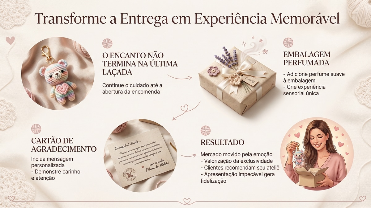 Infografico sobre como criar experiencia memoravel na entrega de chaveiros de croche com embalagem perfumada e cartao de agradecimento