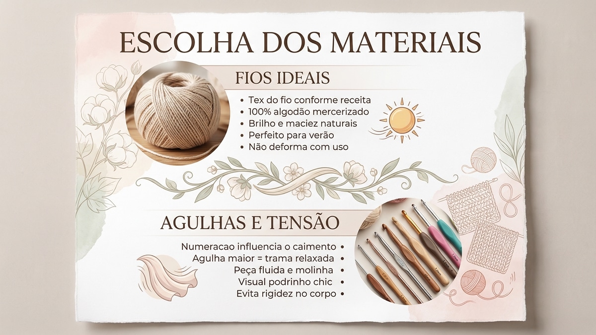 Infografico educativo sobre escolha de materiais para blusas de croche, mostrando tipos de fios ideais e numeracao de agulhas para caimento perfeito