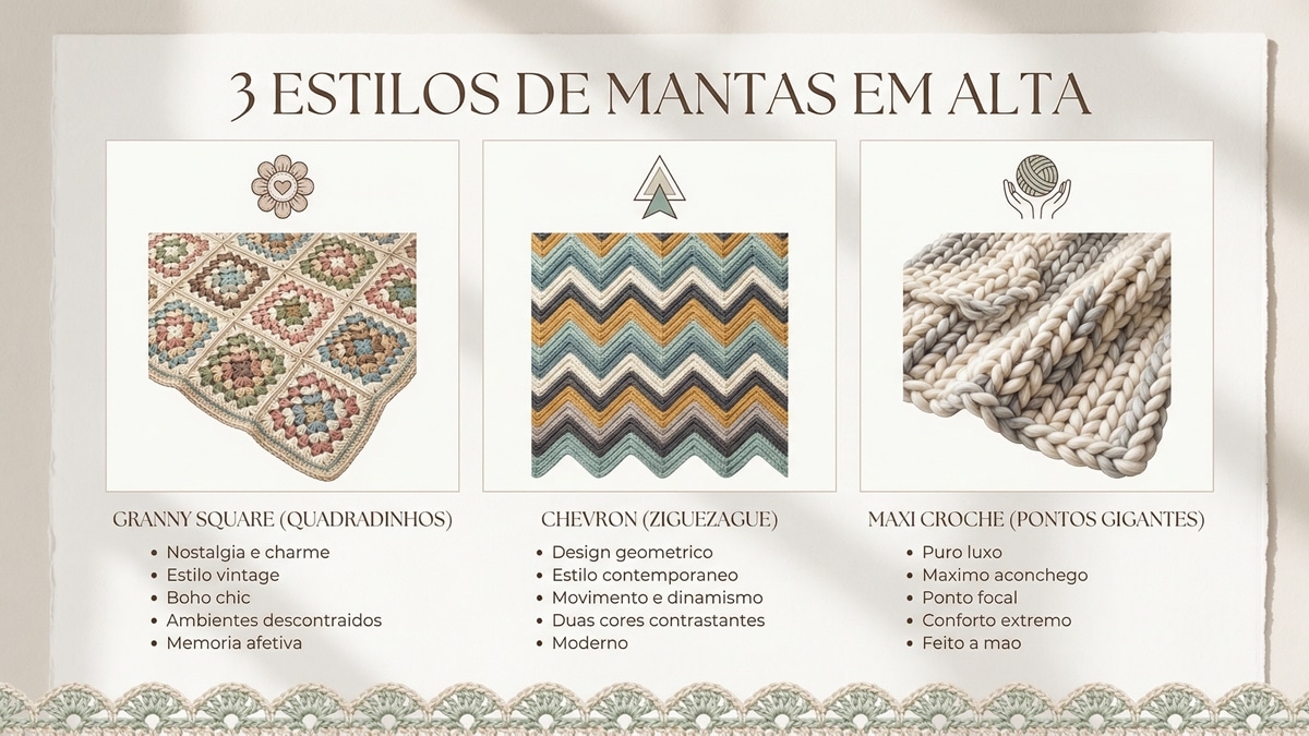 Infografico mostrando tres estilos de mantas de croche em alta: granny square vintage, chevron geometrico e maxi croche com pontos gigantes