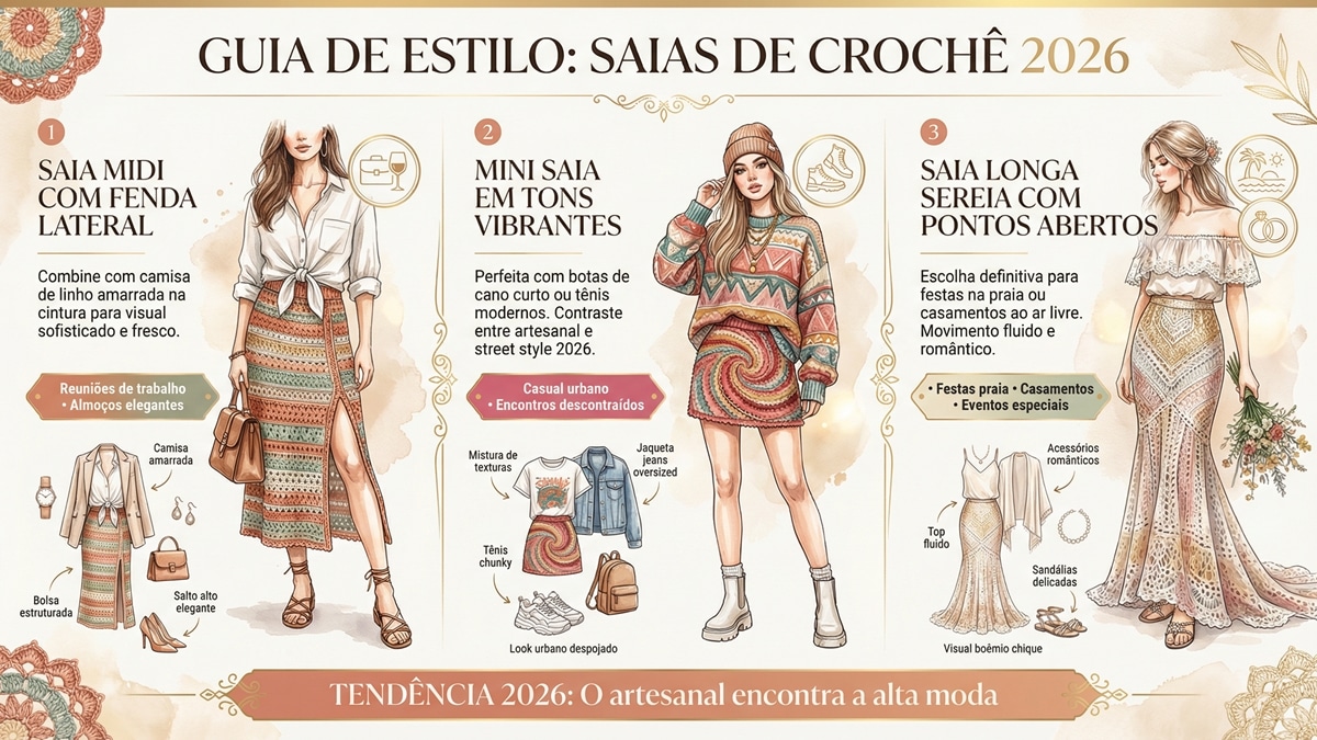 Infografico de moda mostrando tres estilos de saias de croche: midi com fenda, mini vibrante e longa sereia com dicas de combinacao