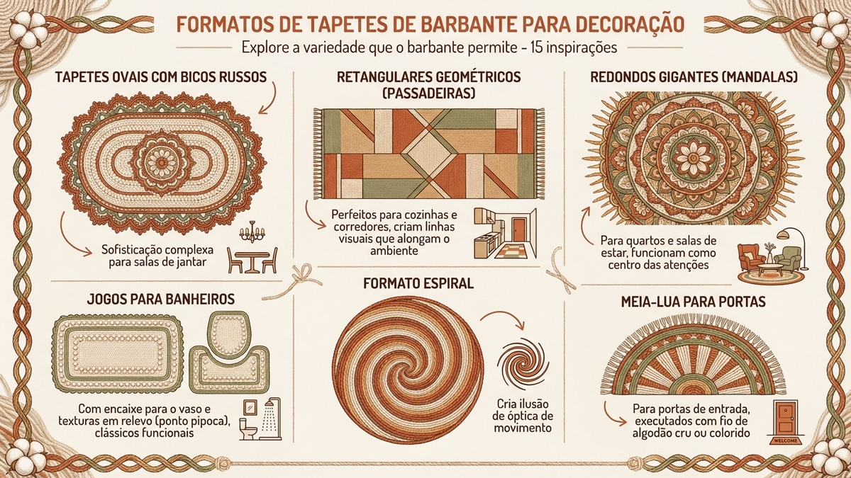 Infografico com formatos de tapetes de barbante: ovais com bicos russos, retangulares, mandalas, jogos banheiro, espiral e meia-lua