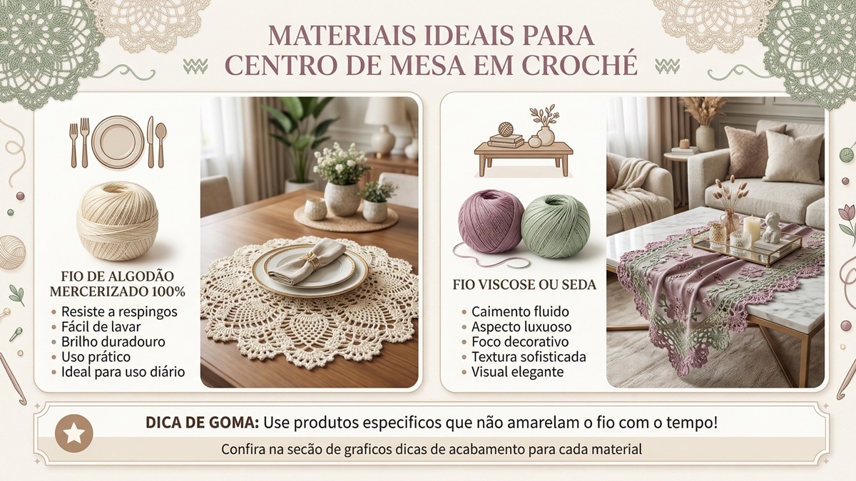 Infografico mostrando materiais para centro de mesa de croche: algodao mercerizado para mesa de jantar e viscose ou seda para mesa de centro decorativa