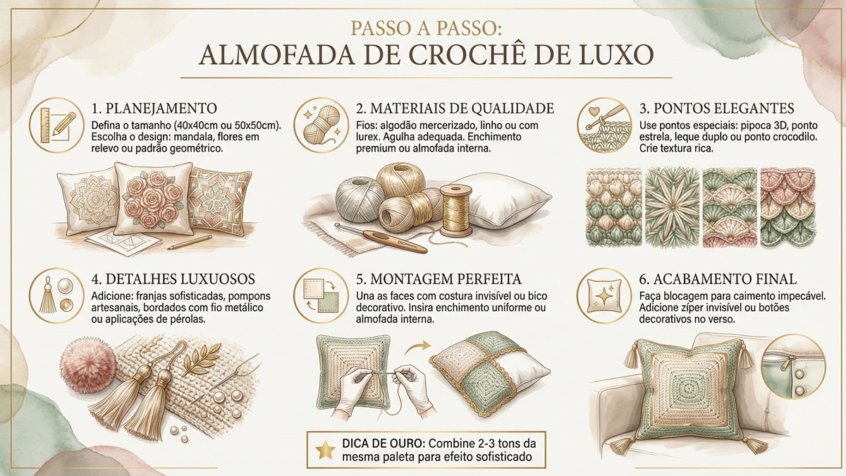 Infografico detalhado mostrando seis etapas para criar almofada de croche elegante com detalhes luxuosos e acabamento profissional