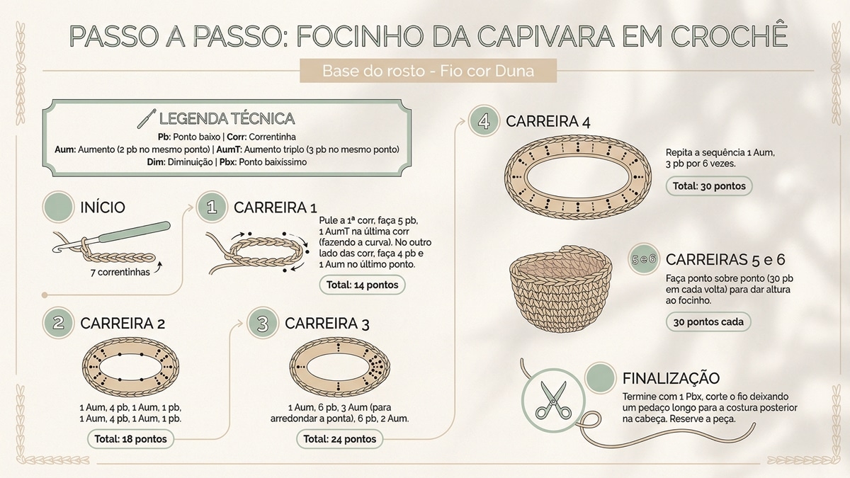 Infografico educativo mostrando passo a passo detalhado para fazer focinho de capivara em croche, com legenda tecnica e instrucoes de cada carreira numerada