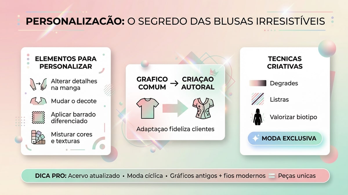 Infografico digital sobre personalizacao de blusas de croche com tecnicas criativas e dicas para criar pecas exclusivas e autorais