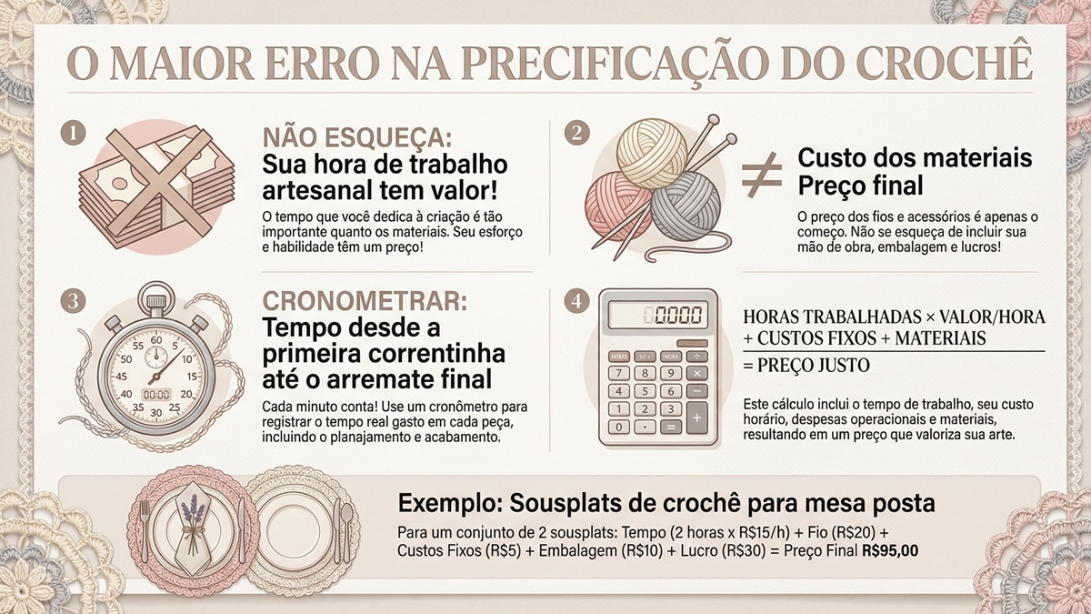 Infografico educativo sobre precificacao de croche artesanal destacando a importancia de calcular hora de trabalho