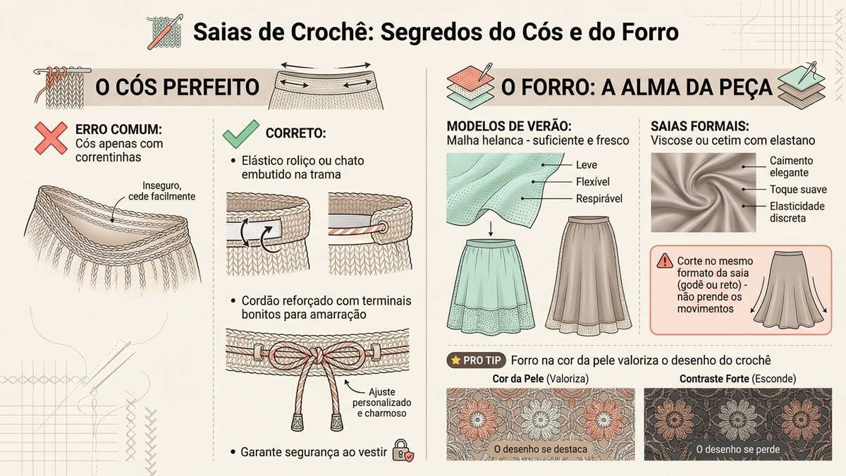 Infografico tecnico sobre construcao de saias de croche mostrando tipos corretos de cos com elastico e opcoes de forro para diferentes ocasioes