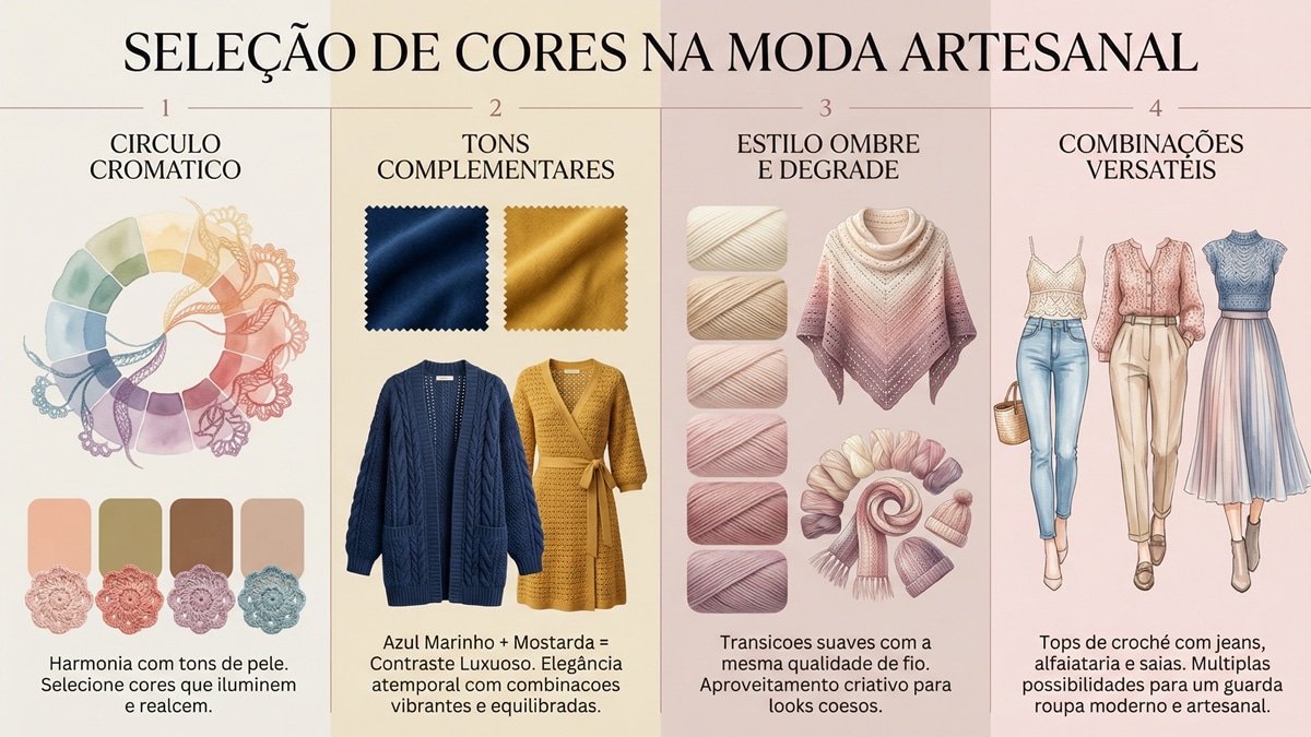 Infografico educativo sobre selecao de cores na moda artesanal de croche, mostrando circulo cromatico, tons complementares azul marinho e mostarda, tecnica ombre degrade e combinacoes versateis com diferentes pecas do guarda-roupa
