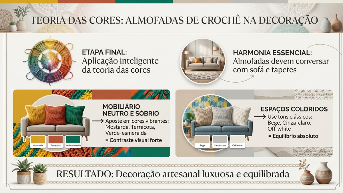 Infografico educativo sobre aplicacao da teoria das cores em almofadas de croche para decoracao de interiores