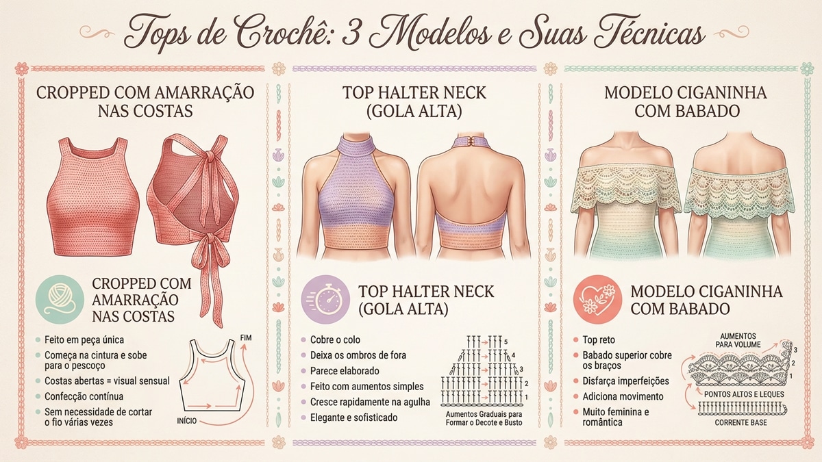 Infografico de moda com tres modelos de tops de croche e suas tecnicas de confeccao: cropped com amarracao nas costas, halter neck gola alta e ciganinha com babado