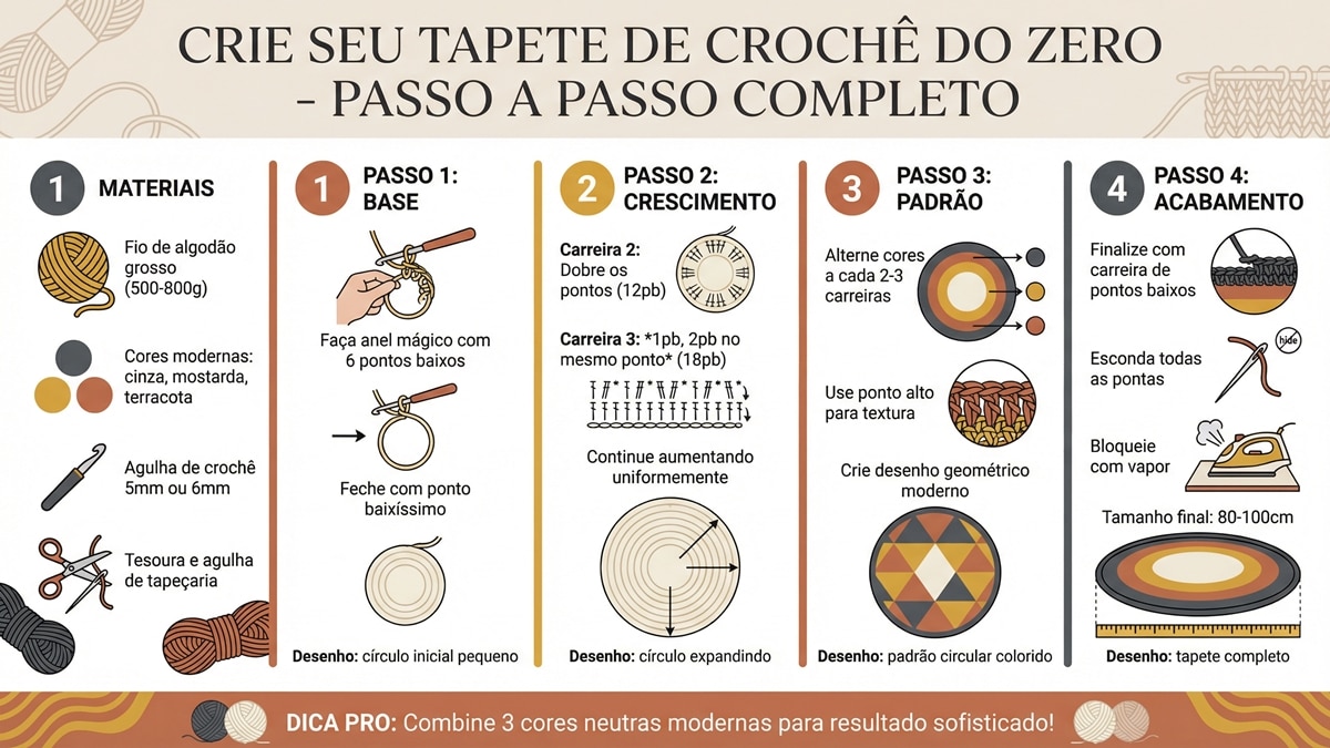 Infografico tutorial completo em portugues ensinando como criar tapete de croche do zero com passo a passo e cores modernas