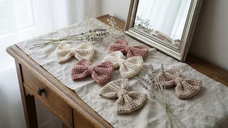 Lacos de croche delicados para cabelo em tons suaves sobre penteadeira vintage com flores secas