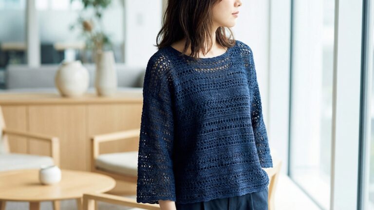 Look feminino sofisticado com blusa de croche artesanal azul marinho em ambiente interno elegante com decoracao neutra e moveis em madeira clara