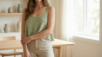 Look feminino contemporaneo com blusinha de croche artesanal verde claro e calca jeans em ambiente interno elegante com iluminacao natural e atmosfera confiante