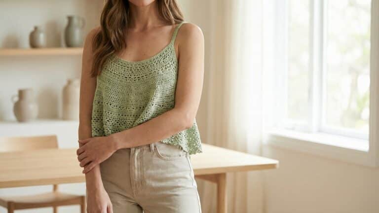 Look feminino contemporaneo com blusinha de croche artesanal verde claro e calca jeans em ambiente interno elegante com iluminacao natural e atmosfera confiante