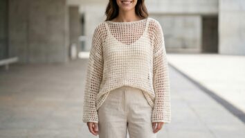 Mulher sorrindo usando blusa de croche oversized off-white com pontos abertos e calca de alfaiataria em ambiente urbano brasileiro.