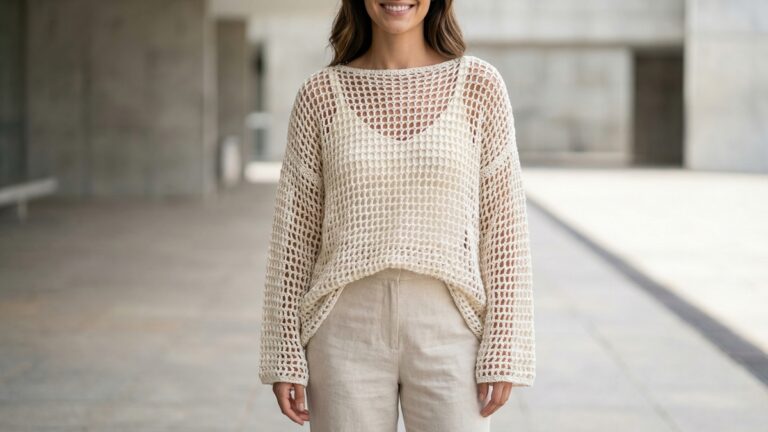 Mulher sorrindo usando blusa de croche oversized off-white com pontos abertos e calca de alfaiataria em ambiente urbano brasileiro.