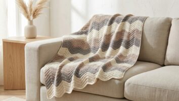 Manta artesanal de croche com padrao chevron em tons neutros disposta naturalmente sobre sofa em sala de estar aconchegante com iluminacao natural