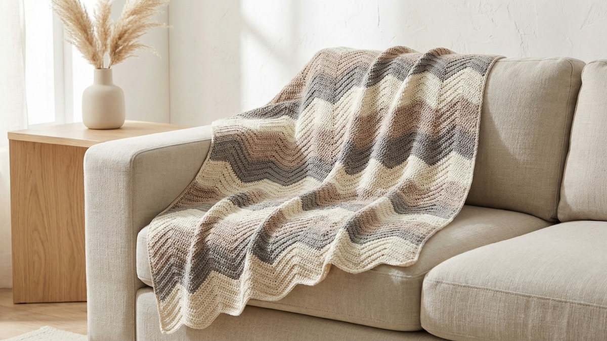 Manta artesanal de croche com padrao chevron em tons neutros disposta naturalmente sobre sofa em sala de estar aconchegante com iluminacao natural