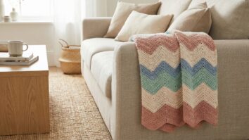 Manta de croche com ponto chevron em tons pastel sobre braco de sofa claro em sala aconchegante com decoracao hygge