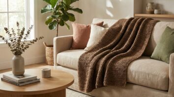 Sala de estar aconchegante com manta artesanal de croche marrom sobre sofa de linho neutro em ambiente com luz natural e decoracao minimalista