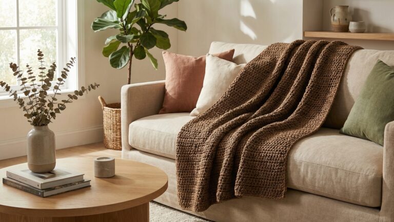 Sala de estar aconchegante com manta artesanal de croche marrom sobre sofa de linho neutro em ambiente com luz natural e decoracao minimalista